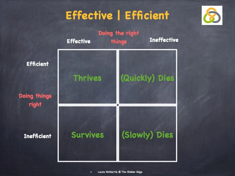 A four-square grid that shows the four possible outcomes of doing the right thing effectively or ineffectively and doing things right efficiently or inefficiently.